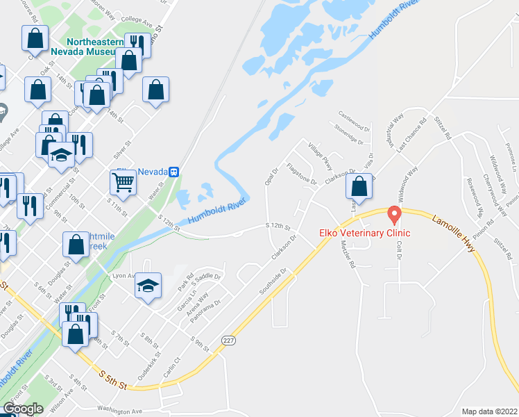 map of restaurants, bars, coffee shops, grocery stores, and more near 1025 Opal Drive in Elko