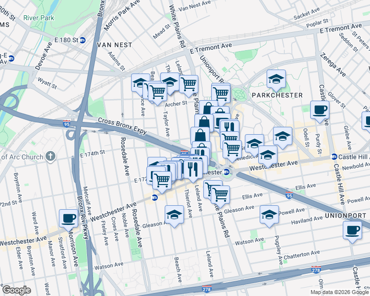map of restaurants, bars, coffee shops, grocery stores, and more near 1841 Cross Bronx Expressway in Bronx