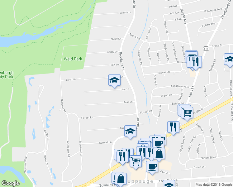 map of restaurants, bars, coffee shops, grocery stores, and more near 271 Lilac Lane in Smithtown