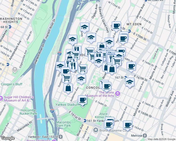 map of restaurants, bars, coffee shops, grocery stores, and more near Anderson Ave & W 166th St in Bronx