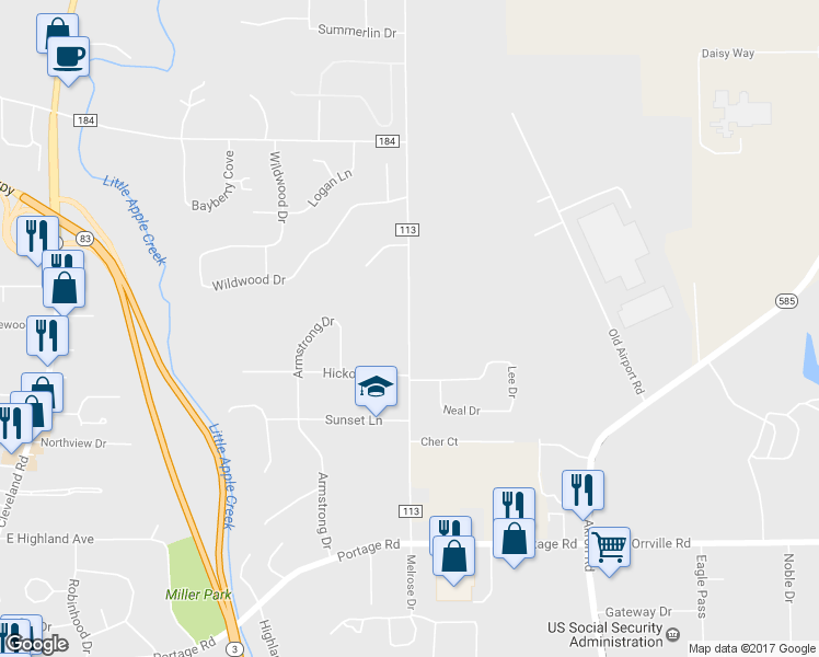 map of restaurants, bars, coffee shops, grocery stores, and more near 2920 Melrose Drive in Wooster