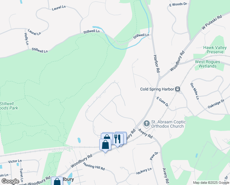 map of restaurants, bars, coffee shops, grocery stores, and more near 3 The Grasslands in Woodbury