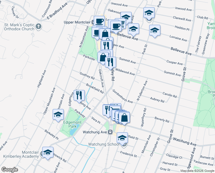 map of restaurants, bars, coffee shops, grocery stores, and more near 4 Oakcroft Avenue in Montclair