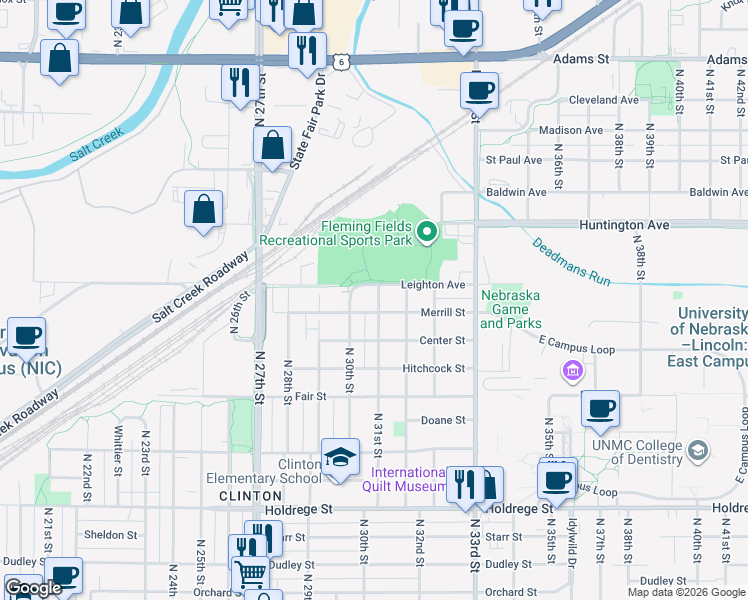 map of restaurants, bars, coffee shops, grocery stores, and more near 3118 Merrill Street in Lincoln