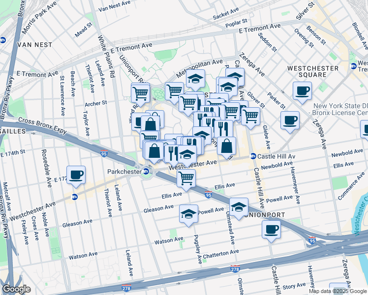 map of restaurants, bars, coffee shops, grocery stores, and more near 2021 Benedict Avenue in Bronx