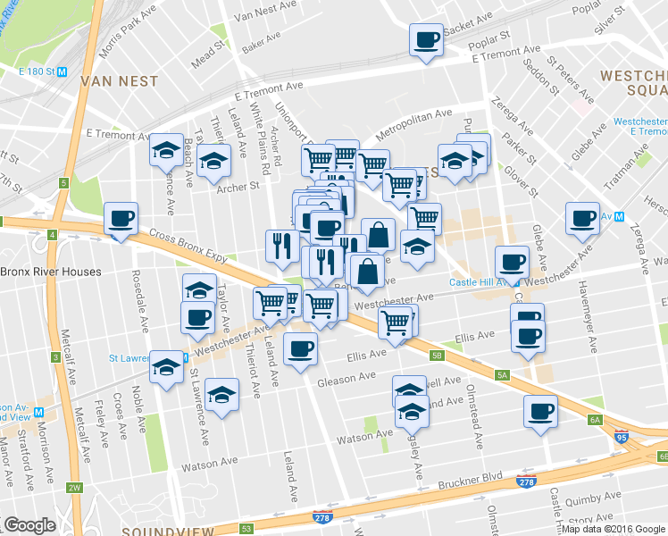 map of restaurants, bars, coffee shops, grocery stores, and more near 1332 Metropolitan Avenue in The Bronx