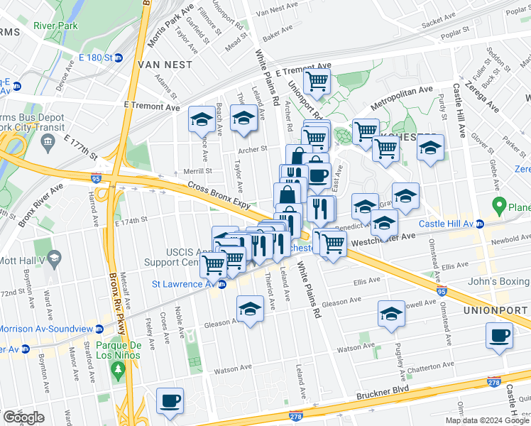 map of restaurants, bars, coffee shops, grocery stores, and more near 1841 Cross Bronx Expressway in Bronx