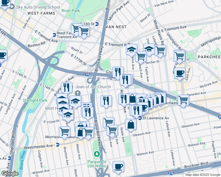 map of restaurants, bars, coffee shops, grocery stores, and more near 1693 East 174th Street in The Bronx