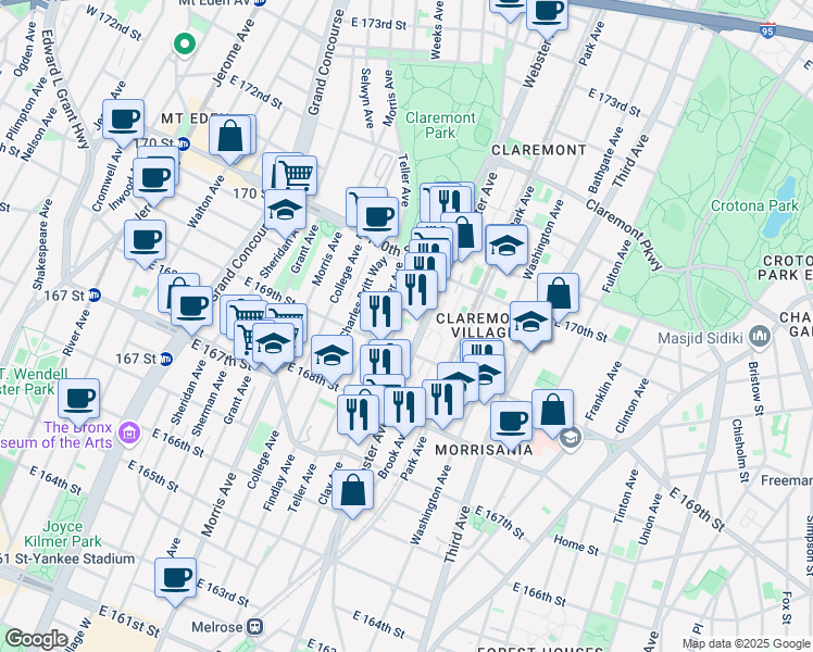 map of restaurants, bars, coffee shops, grocery stores, and more near in The Bronx