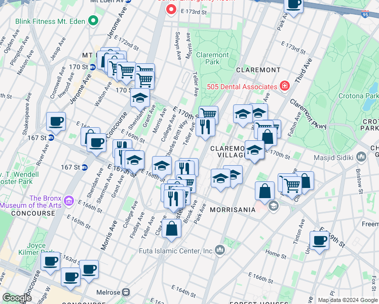 map of restaurants, bars, coffee shops, grocery stores, and more near in The Bronx