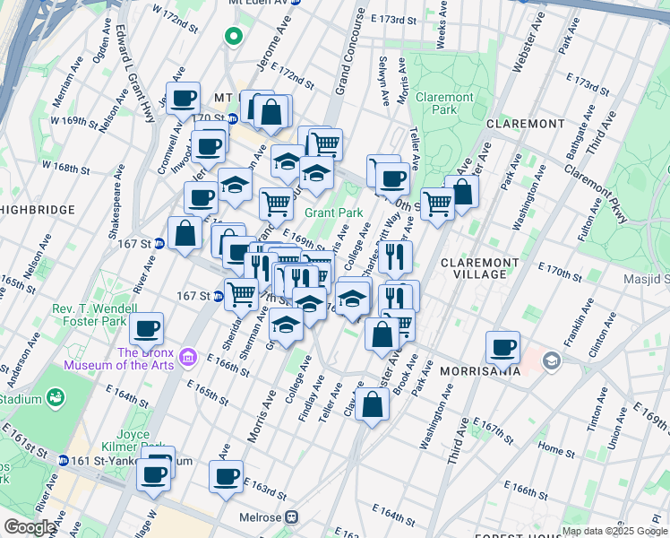 map of restaurants, bars, coffee shops, grocery stores, and more near in The Bronx