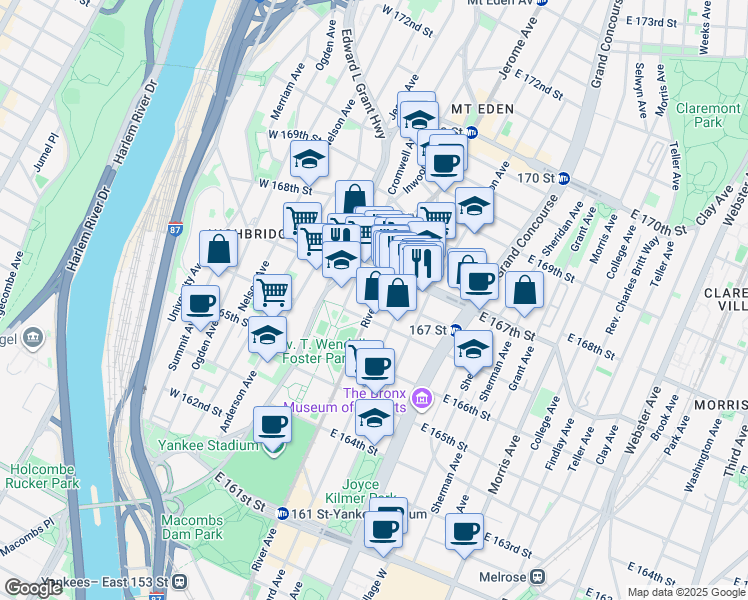 map of restaurants, bars, coffee shops, grocery stores, and more near 1166 River Avenue in The Bronx