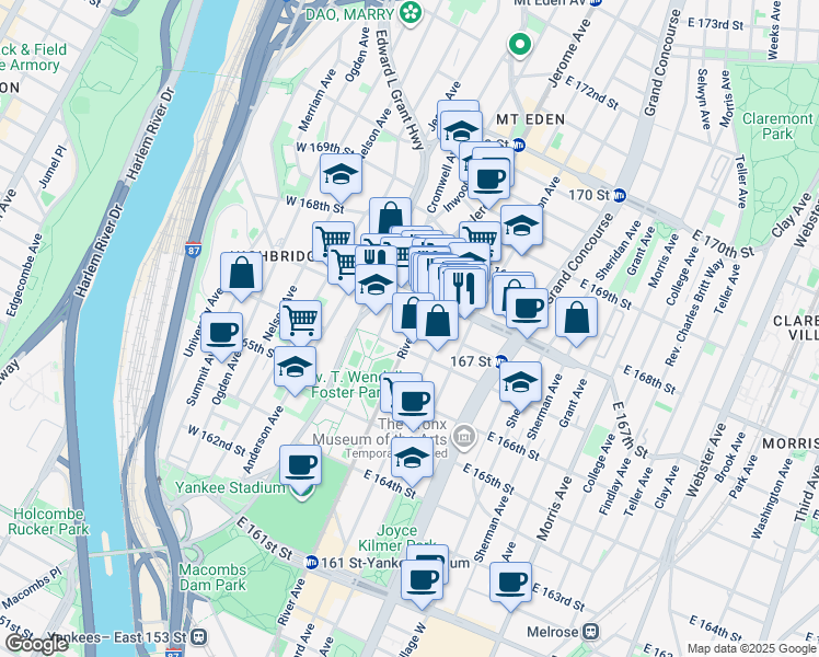 map of restaurants, bars, coffee shops, grocery stores, and more near 1166 River Avenue in The Bronx