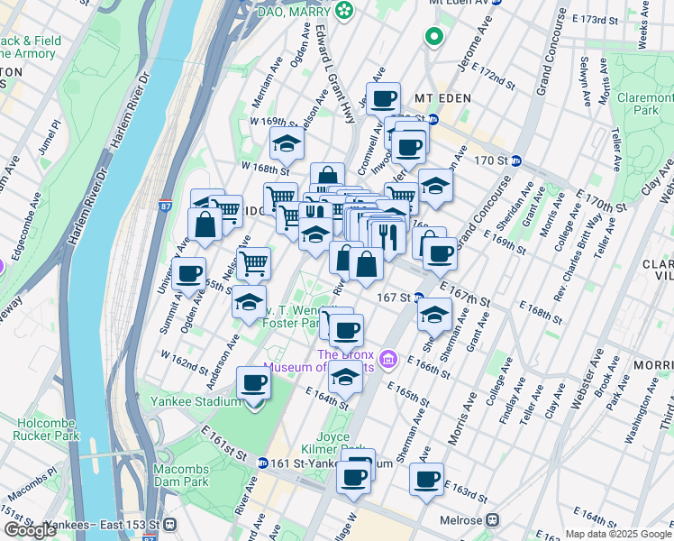 map of restaurants, bars, coffee shops, grocery stores, and more near in Bronx