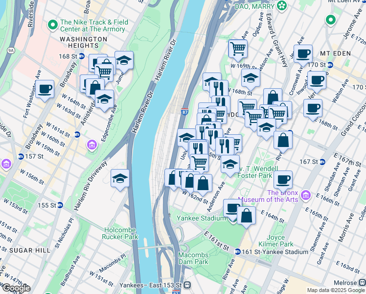 map of restaurants, bars, coffee shops, grocery stores, and more near 1041 University Avenue in Bronx