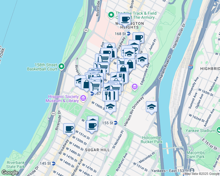 map of restaurants, bars, coffee shops, grocery stores, and more near 528 West 159th Street in New York