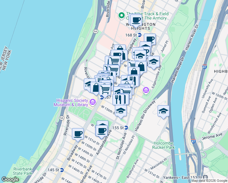 map of restaurants, bars, coffee shops, grocery stores, and more near 528 West 159th Street in New York