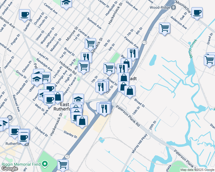 map of restaurants, bars, coffee shops, grocery stores, and more near 333 10th Street in Carlstadt