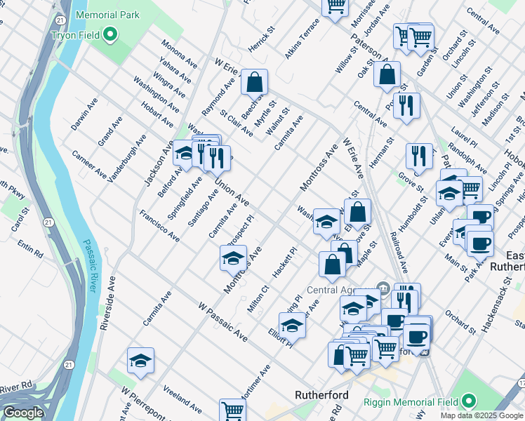 map of restaurants, bars, coffee shops, grocery stores, and more near 234 Union Avenue in Rutherford
