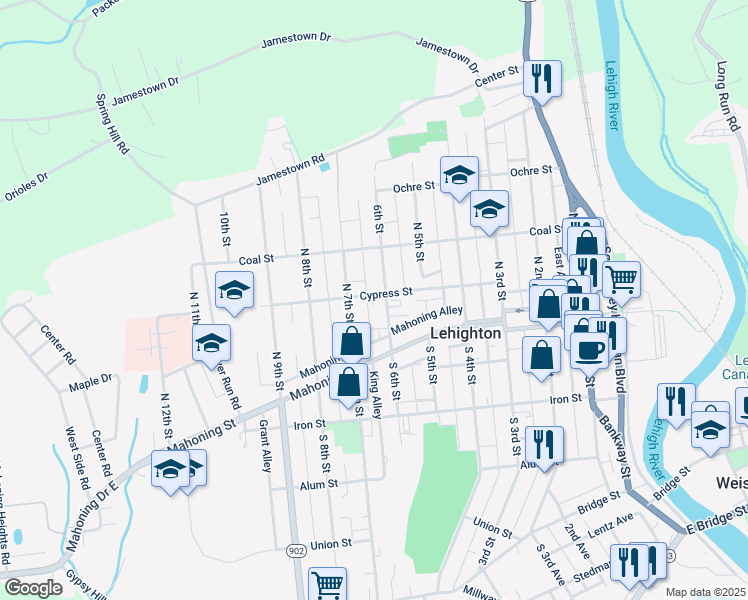 map of restaurants, bars, coffee shops, grocery stores, and more near 625 Cypress Street in Lehighton