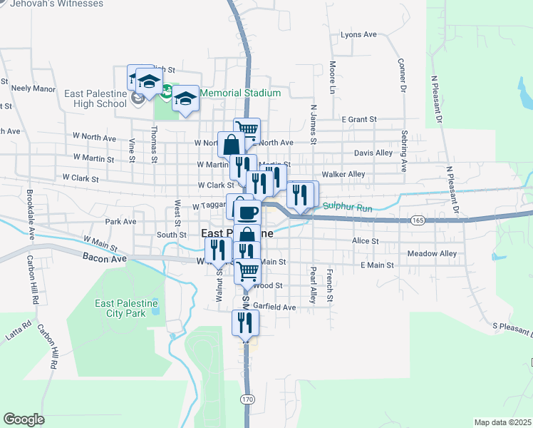 map of restaurants, bars, coffee shops, grocery stores, and more near 150 North Sumner Street in East Palestine