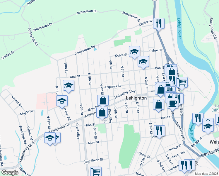 map of restaurants, bars, coffee shops, grocery stores, and more near 625 Cypress Street in Lehighton