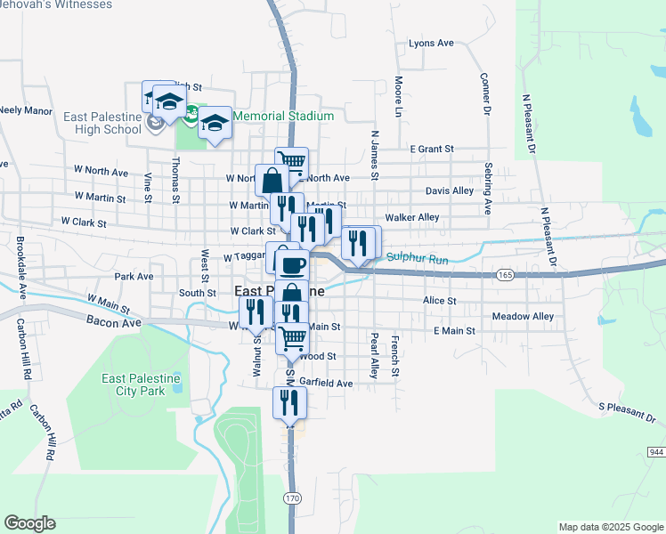 map of restaurants, bars, coffee shops, grocery stores, and more near 150 North Sumner Street in East Palestine