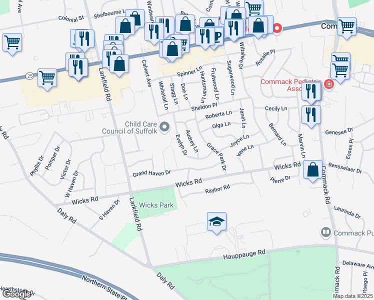map of restaurants, bars, coffee shops, grocery stores, and more near 27 Evelyn Drive in Commack