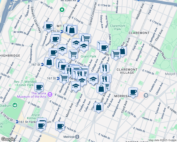 map of restaurants, bars, coffee shops, grocery stores, and more near in The Bronx