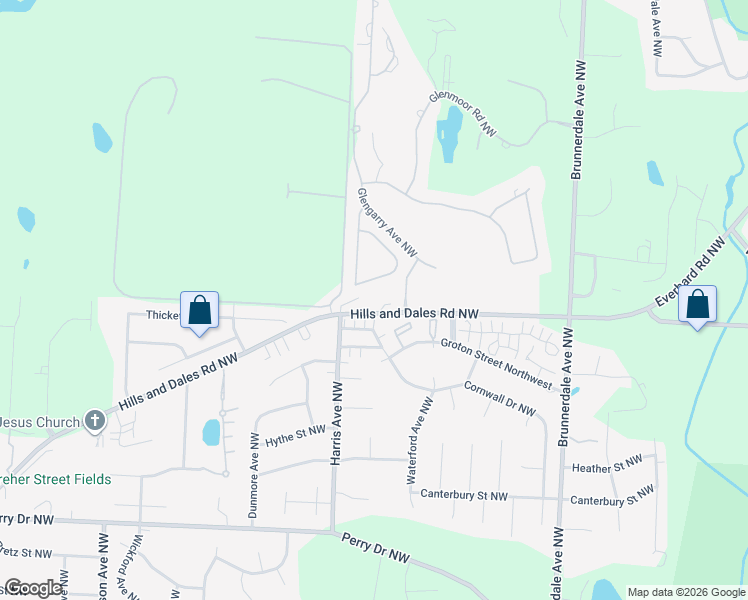 map of restaurants, bars, coffee shops, grocery stores, and more near 6459 Hills and Dales Road Northwest in Canton