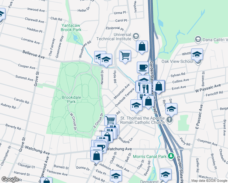 map of restaurants, bars, coffee shops, grocery stores, and more near 12 Claremont Avenue in Bloomfield