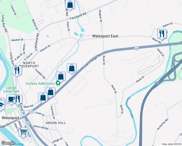 map of restaurants, bars, coffee shops, grocery stores, and more near 46 Maple Avenue in Lehighton