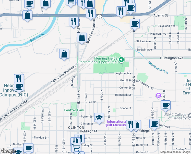 map of restaurants, bars, coffee shops, grocery stores, and more near 2900 Merrill Street in Lincoln