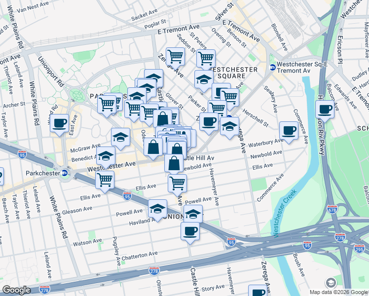 map of restaurants, bars, coffee shops, grocery stores, and more near in The Bronx