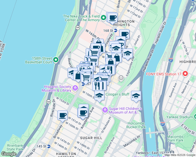 map of restaurants, bars, coffee shops, grocery stores, and more near 528 West 159th Street in New York