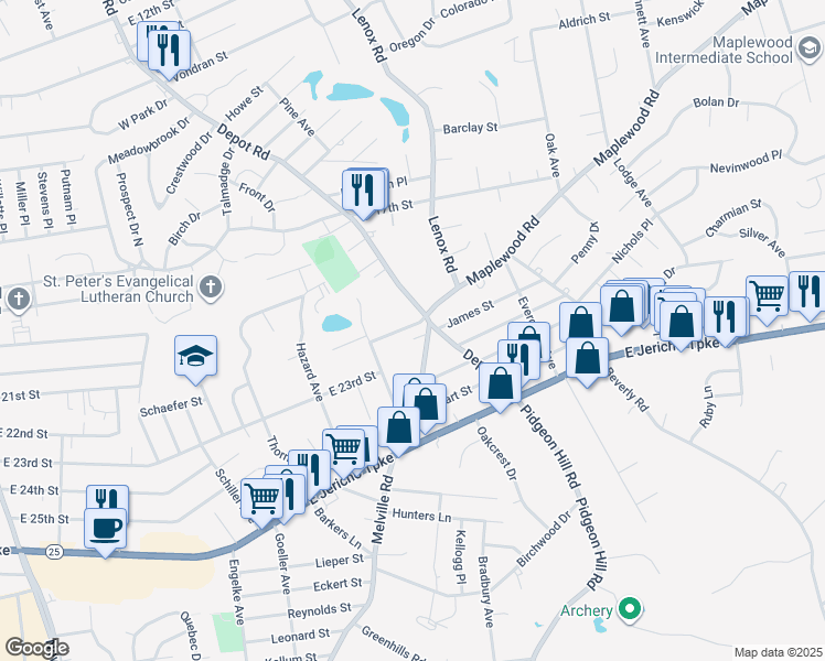 map of restaurants, bars, coffee shops, grocery stores, and more near 252 Thompson Place in Huntington Station