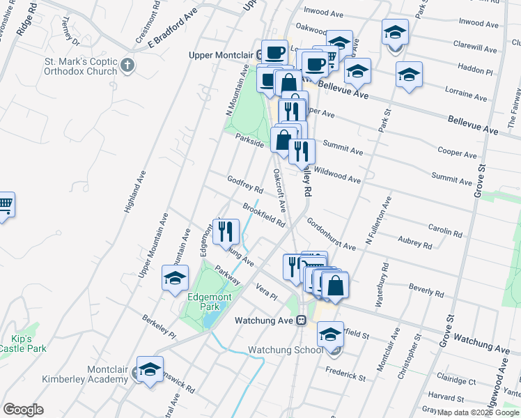 map of restaurants, bars, coffee shops, grocery stores, and more near 35 Brookfield Road in Montclair