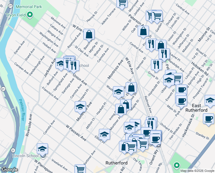map of restaurants, bars, coffee shops, grocery stores, and more near 105 Montross Avenue in Rutherford