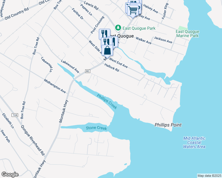 map of restaurants, bars, coffee shops, grocery stores, and more near 20 Sunset Avenue in East Quogue