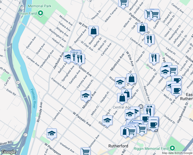 map of restaurants, bars, coffee shops, grocery stores, and more near 234 Union Avenue in Rutherford