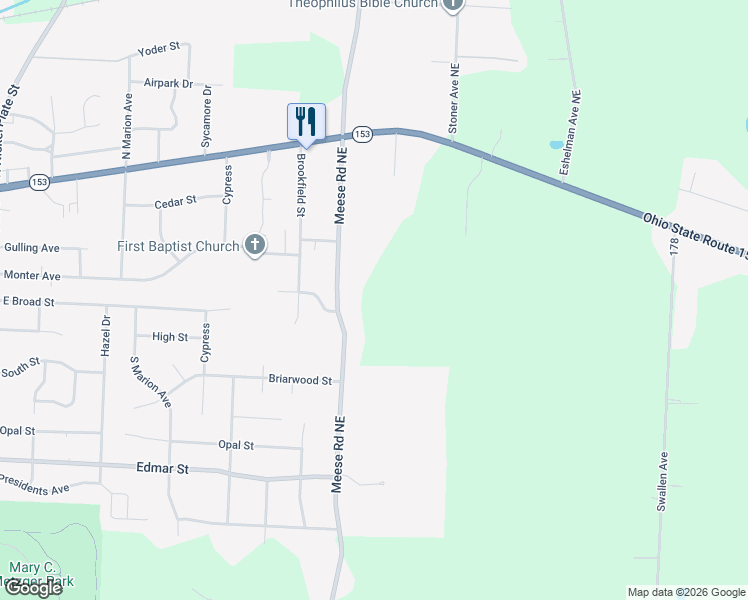 map of restaurants, bars, coffee shops, grocery stores, and more near 4234 Meese Road Northeast in Louisville