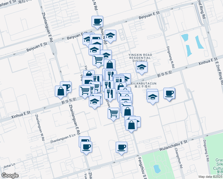 map of restaurants, bars, coffee shops, grocery stores, and more near Xin Hua Dong Jie in Hu He Hao Te Shi