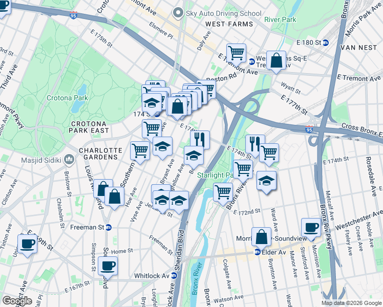 map of restaurants, bars, coffee shops, grocery stores, and more near in Bronx