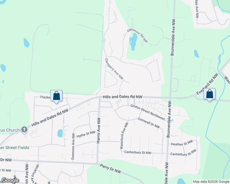 map of restaurants, bars, coffee shops, grocery stores, and more near 6459 Hills and Dales Road Northwest in Canton