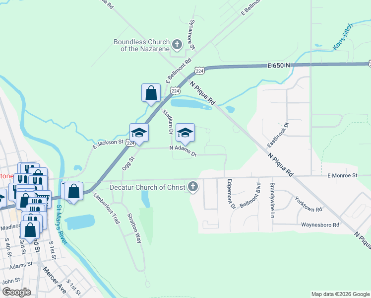 map of restaurants, bars, coffee shops, grocery stores, and more near 1200 East North Adams Drive in Decatur