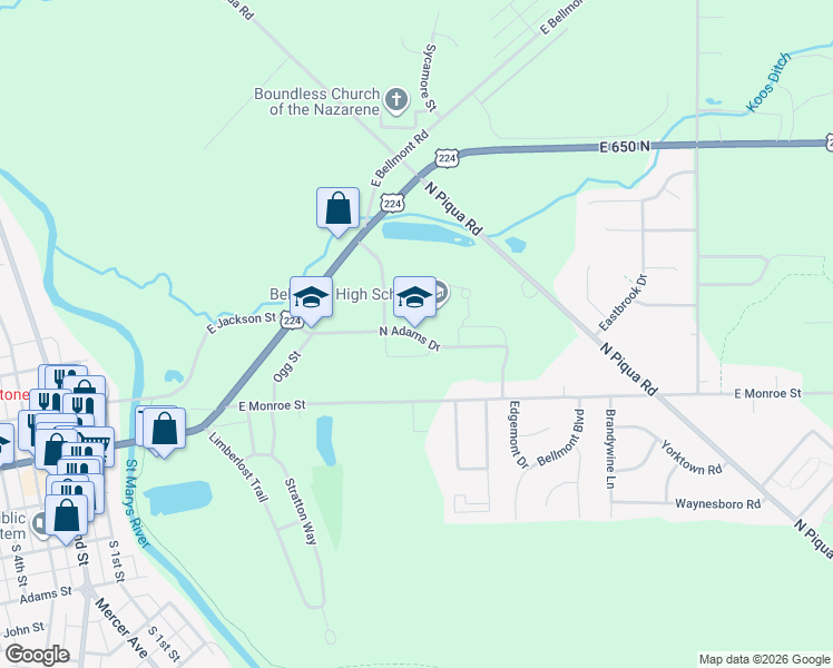 map of restaurants, bars, coffee shops, grocery stores, and more near 1200 East North Adams Drive in Decatur
