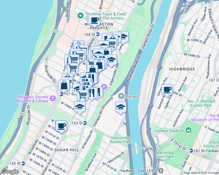 map of restaurants, bars, coffee shops, grocery stores, and more near Edgecombe Avenue & West 162nd Street in New York
