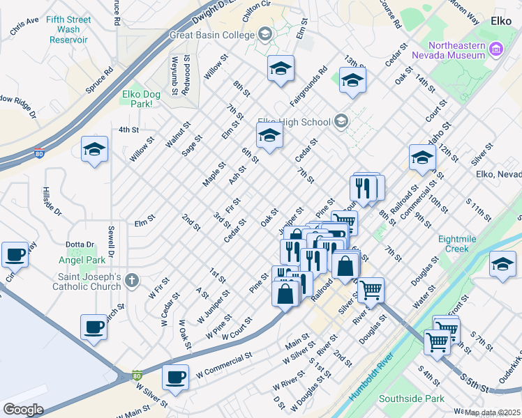 map of restaurants, bars, coffee shops, grocery stores, and more near 441 Oak Street in Elko