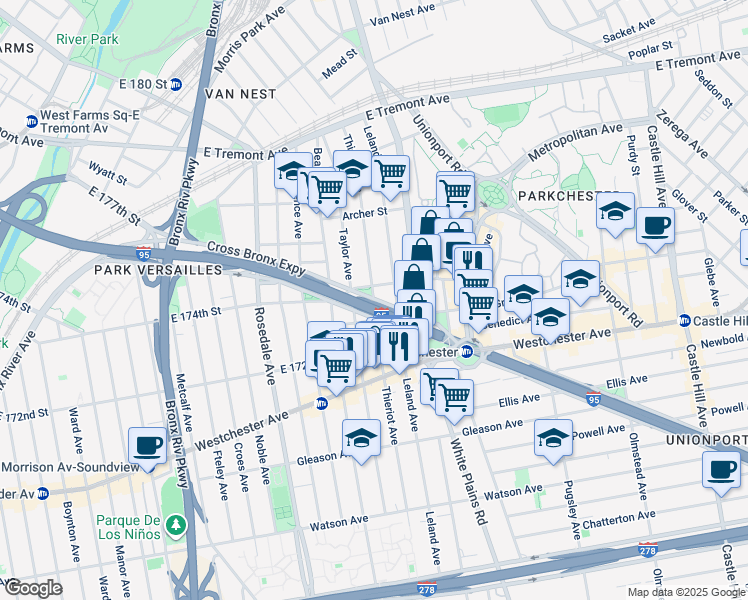 map of restaurants, bars, coffee shops, grocery stores, and more near 1841 Cross Bronx Expressway in Bronx