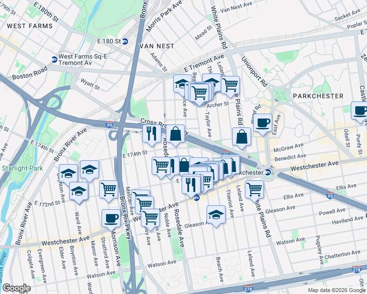 map of restaurants, bars, coffee shops, grocery stores, and more near 1351 Commonwealth Avenue in Bronx